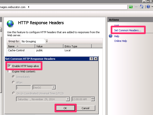 Set keep-alive in IIS