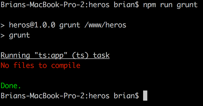 The grunt command should execute successfully