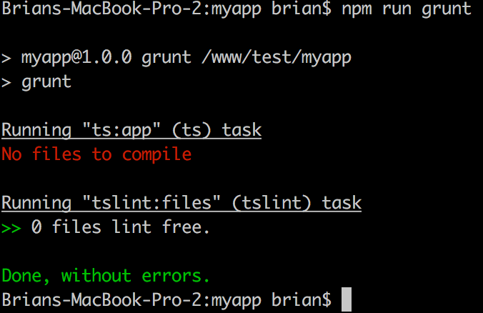 The grunt command should execute successfully