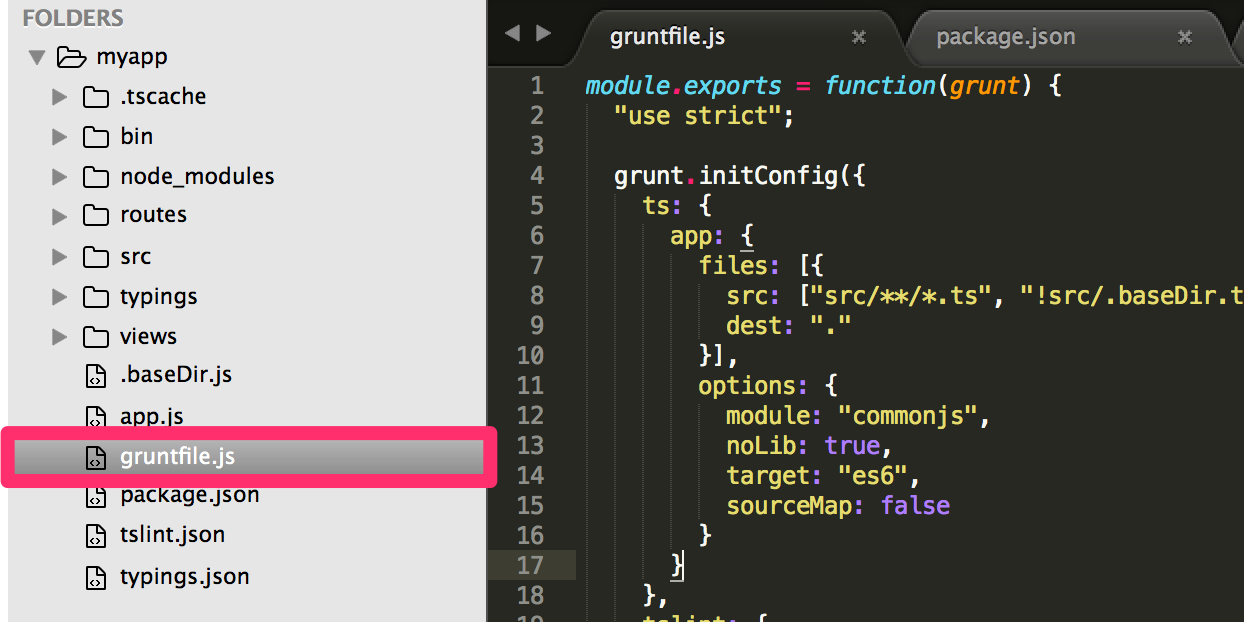 The gruntfile.js file is located in the application's root directory, in this example in the myadd directory